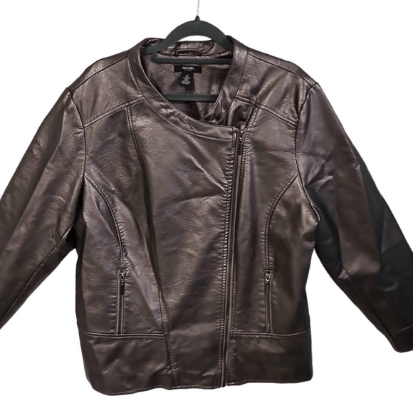 Alfani Women's Size 2X Faux Leather Jacket Bronze Asymmetrical Full Zip Moto - Picture 3 of 6